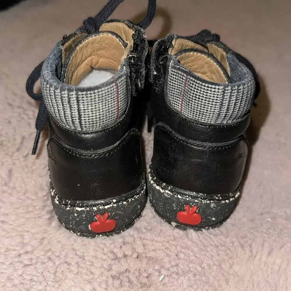 Pom D’api Black Leather Boots with Cute Plaid Detail European Size 26 NWOT